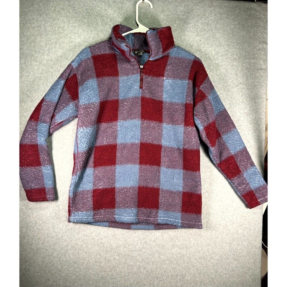 Eddie Bauer Sherpa Jacket Womens Small Blue Red Plaid Mock Neck Quarter Zip